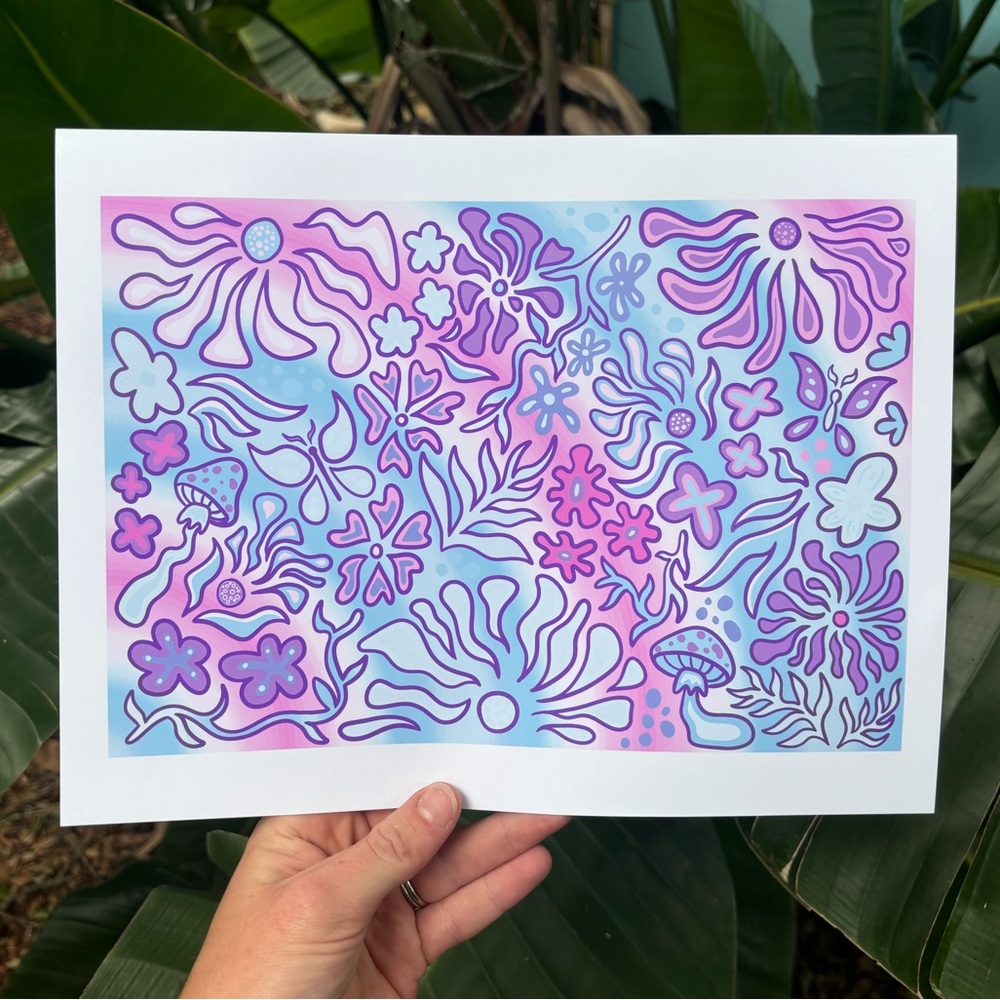 Pastel Colors Woodland Floral Flower Power Nature Art Print 8.5x11in